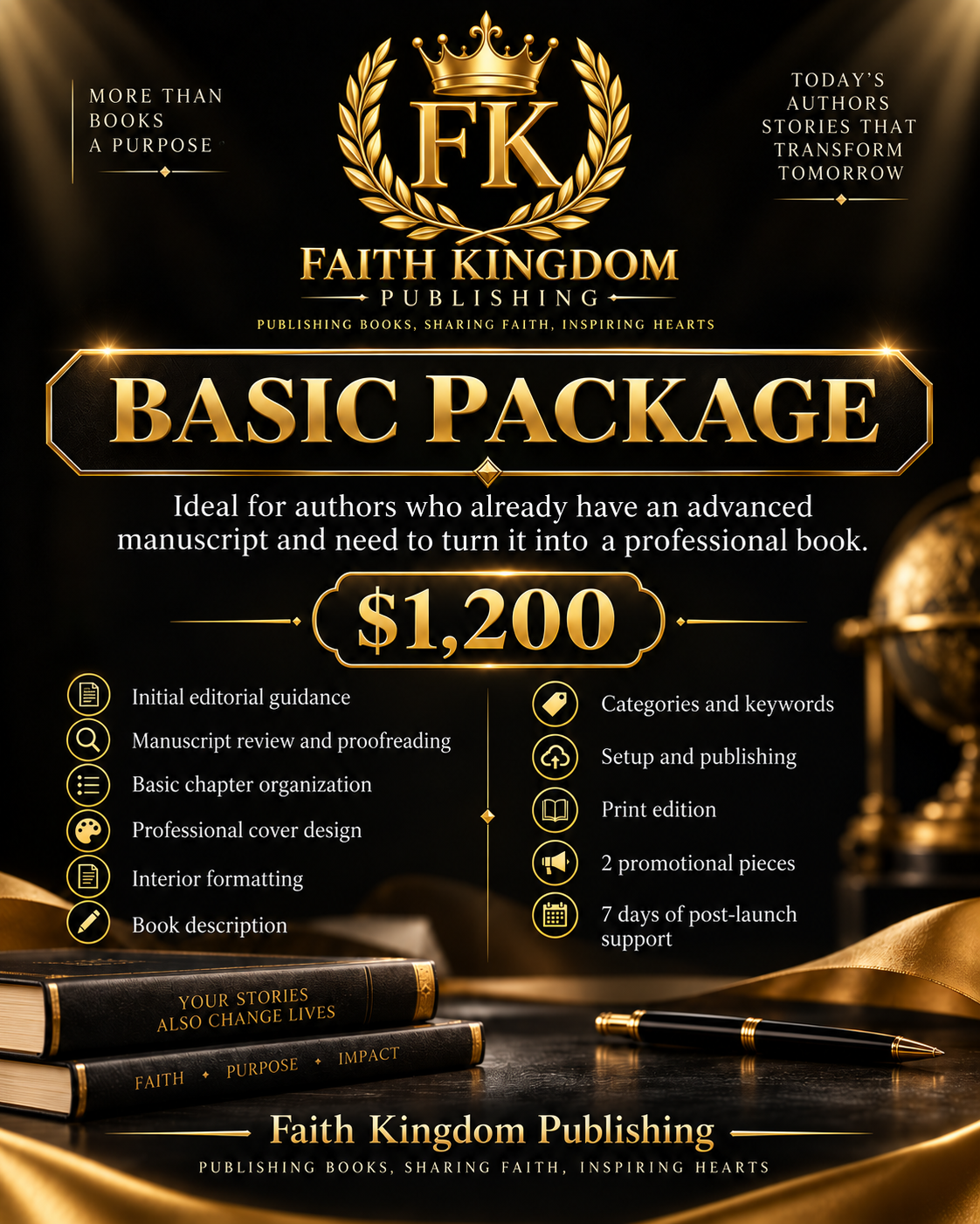 Faith Kingdom Publishing Basic Package, $1,200 — editorial guidance, proofreading, cover design, interior formatting, and Amazon setup.