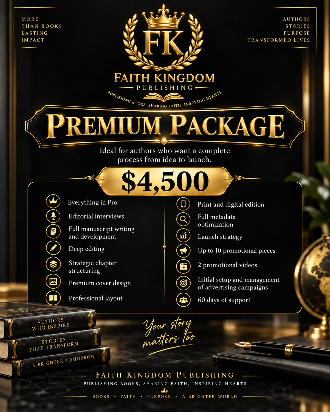 Faith Kingdom Publishing Premium Package, $4,500 — everything in Pro plus full manuscript writing, deep editing, premium cover, launch strategy, and 60 days of support.